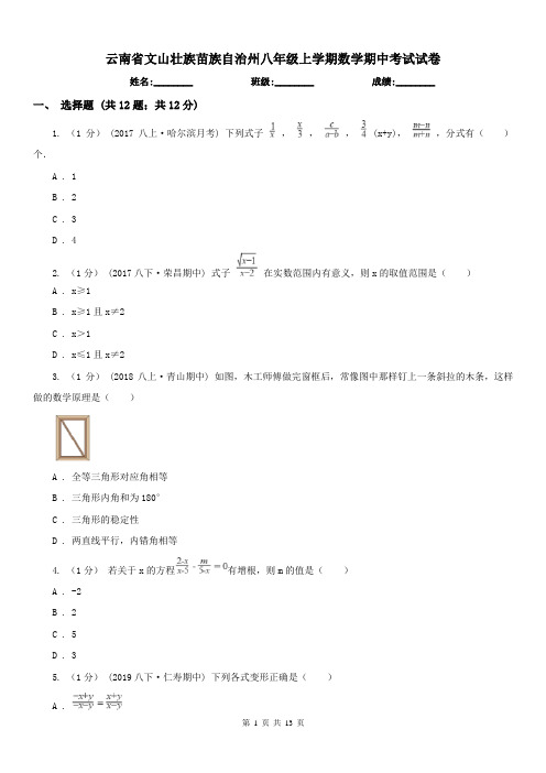 云南省文山壮族苗族自治州八年级上学期数学期中考试试卷