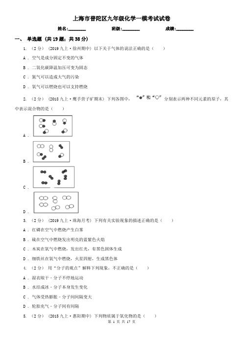 上海市普陀区九年级化学一模考试试卷