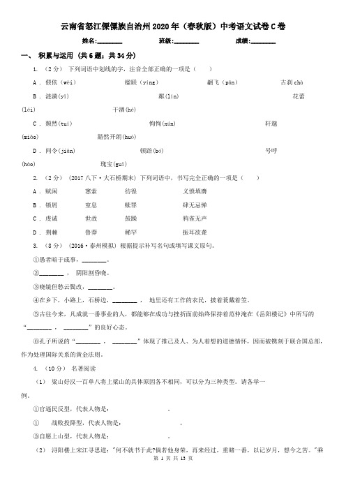 云南省怒江傈僳族自治州2020年(春秋版)中考语文试卷C卷