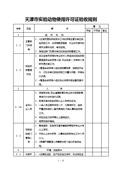 天津市实验动物使用许可证验收规则