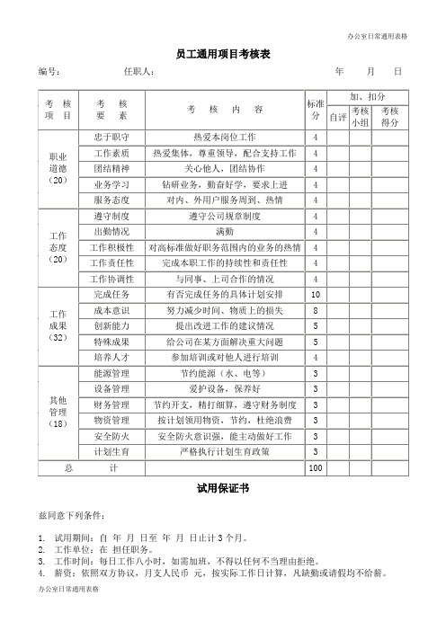 员工通用项目考核表