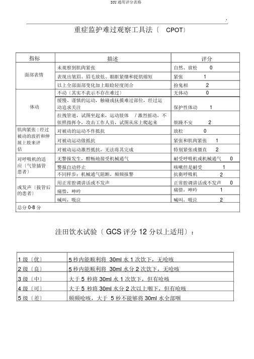 ICU通用评分表格