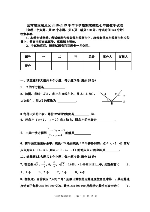 云南省玉溪地区2018-2019学年下学期期末模拟七年级数学试卷