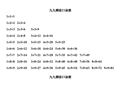 九九乘法口诀表(可直接打印)