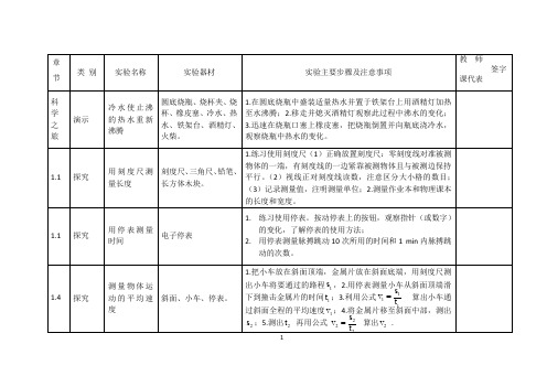 人教版八年级(上)物理实验教学进度记录