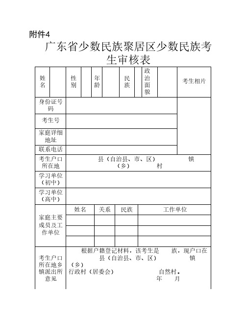 广东省2017年少数民族聚居区    少数民族考生审核表 附件4