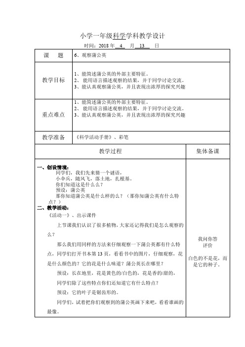 冀人2017课标版科学一年级上册《第二单元 植物 6 观察蒲公英》优质课教学设计_4