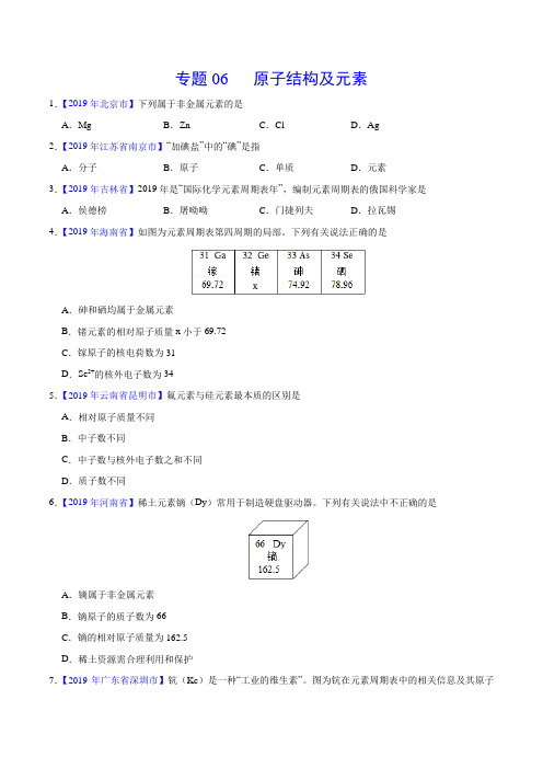 2019年中考真题化学真题分类汇编专题06 原子结构及元素(原卷版)