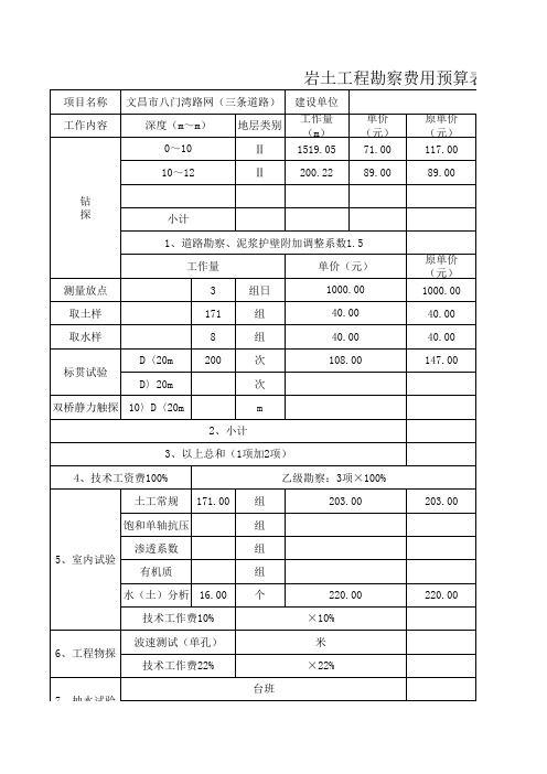 岩土工程勘察费用预算表