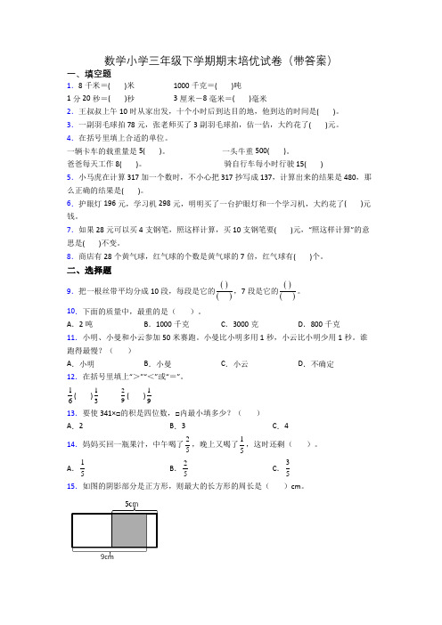 数学小学三年级下学期期末培优试卷(带答案)