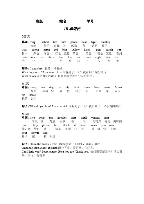 牛津上海版英语一年级下册必背单词、词组和句型 M1单词表