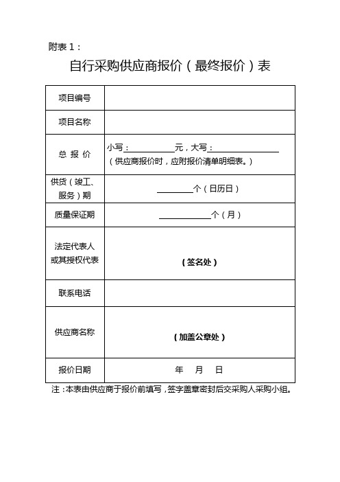 自行采购供应商报价表