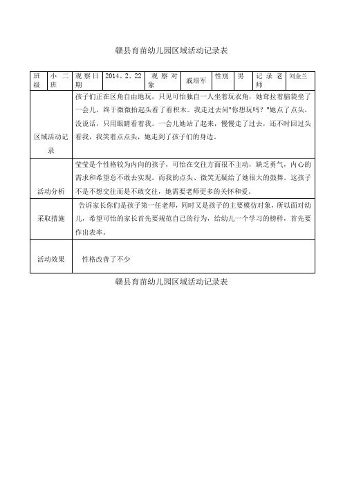 赣县育苗幼儿园区域活动记录表