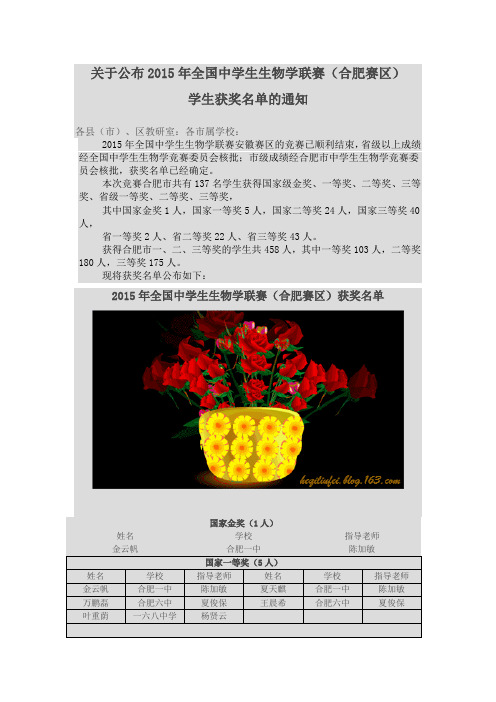 关于公布2015年全国中学生生物学联赛合肥赛区学生获奖名单的通知