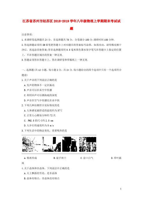 江苏省苏州市姑苏区2018-2019学年八年级物理上学期期末考试试题