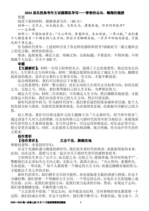 2024届名校高考作文试题模拟导写----青春的志向,翱翔的翅膀