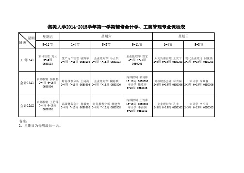 集美大学2014-2015学年第一学期辅修会计学、工商管理专业课程表