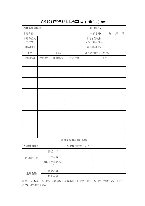 劳务分包物料进场申请(登记)表