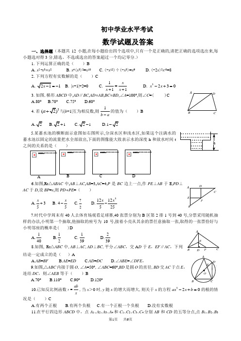 初中学业水平考试数学试题及答案