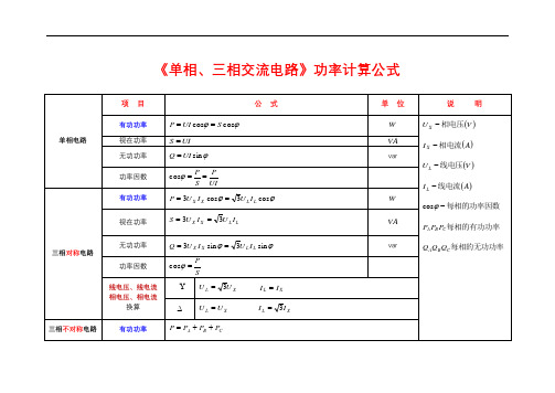 单相、三相交流电路计算公式归纳