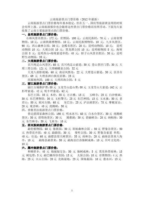 云南旅游景点门票价格