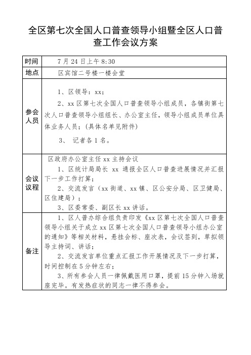 全区第七次全国人口普查领导小组暨全区人口普查工作会议会议方案