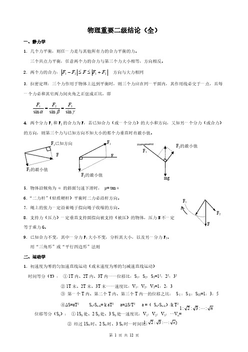 高中物理重要二级结论(全)-推荐下载