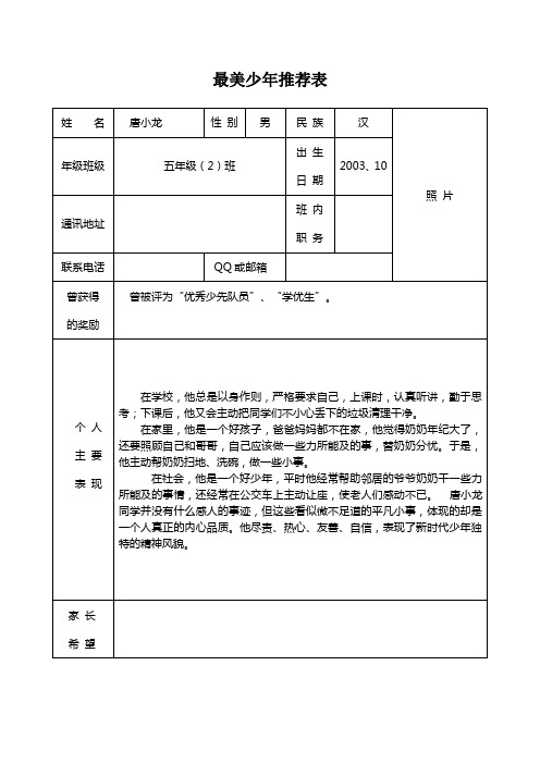 最美少年推荐表