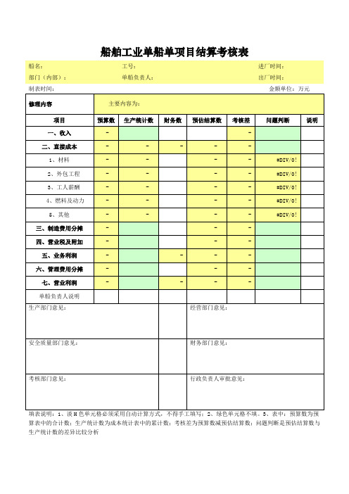 船舶工业单船单项目结算考核表式样