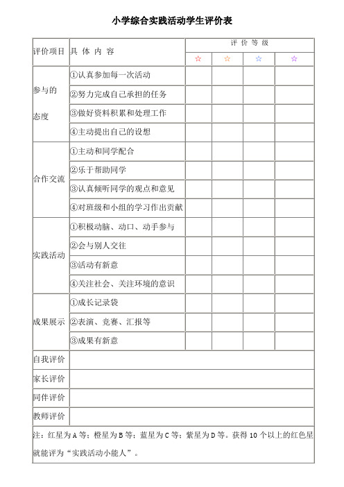 小学综合实践活动学生评价表