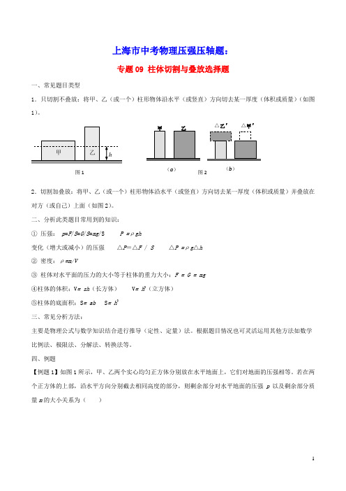 上海市中考物理压强压轴题专题09柱体切割、叠放等(含解析)