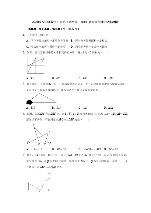 苏科版八年级数学上册第1章全等三角形 暑假自学能力达标测评(含解析)-doc