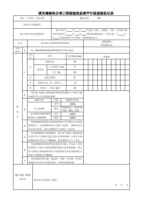 砖砌体分项工程检验批监理平行检查记录