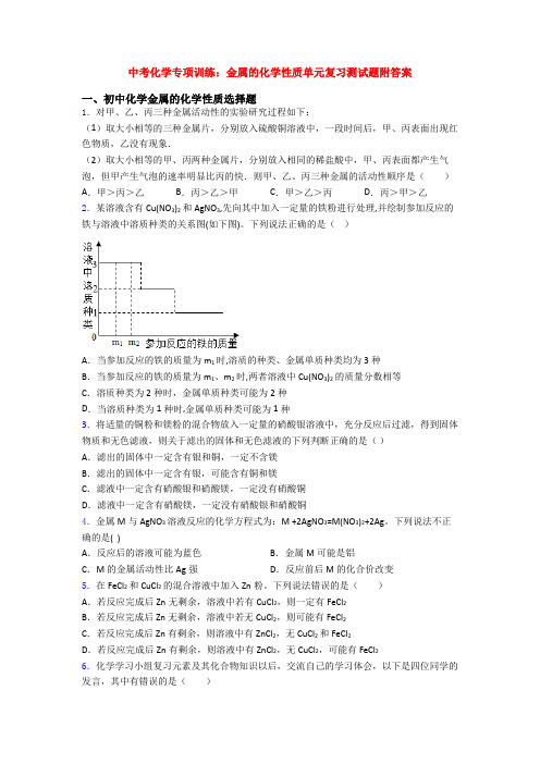 中考化学专项训练：金属的化学性质单元复习测试题附答案