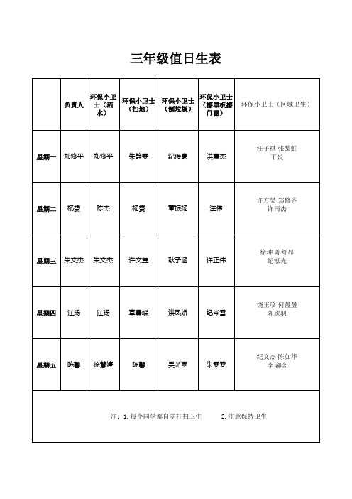 小学生值日表模板