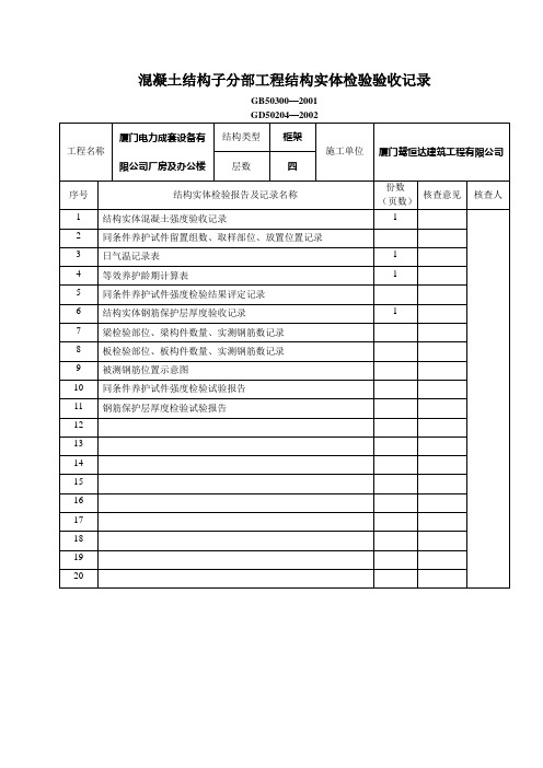 混凝土结构子分部工程结构实体检验验收记录