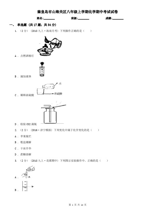 秦皇岛市山海关区八年级上学期化学期中考试试卷