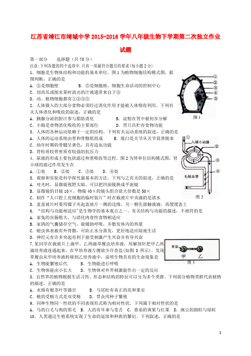 江苏省靖江市靖城中学八年级生物下学期第二次独立作业