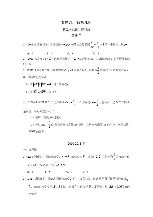 理科数学2010-2019高考真题分类训练专题九解析几何第二十八讲抛物线