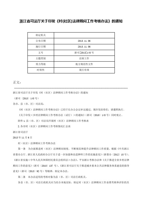 浙江省司法厅关于印发《村(社区)法律顾问工作考核办法》的通知-浙司[2013]140号