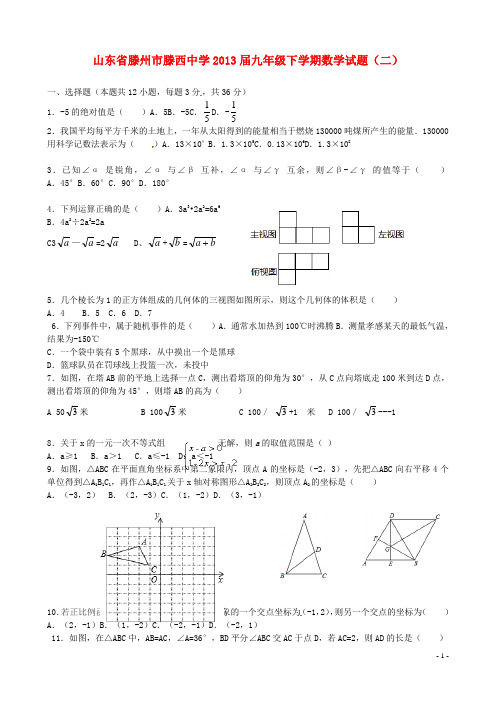 山东省滕州市滕西中学九年级数学下学期试题(二)