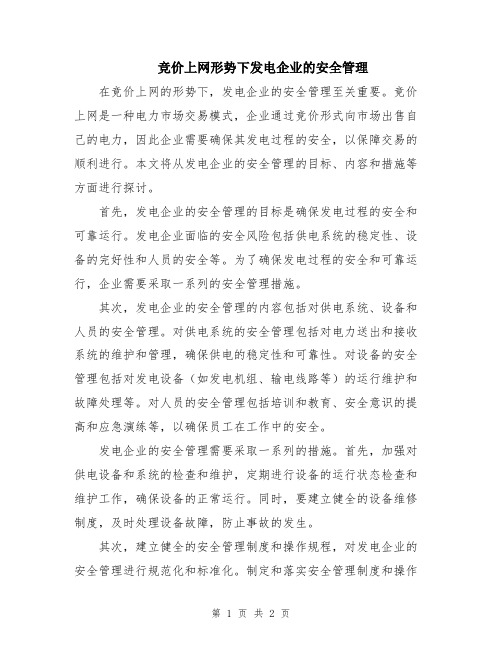 竞价上网形势下发电企业的安全管理