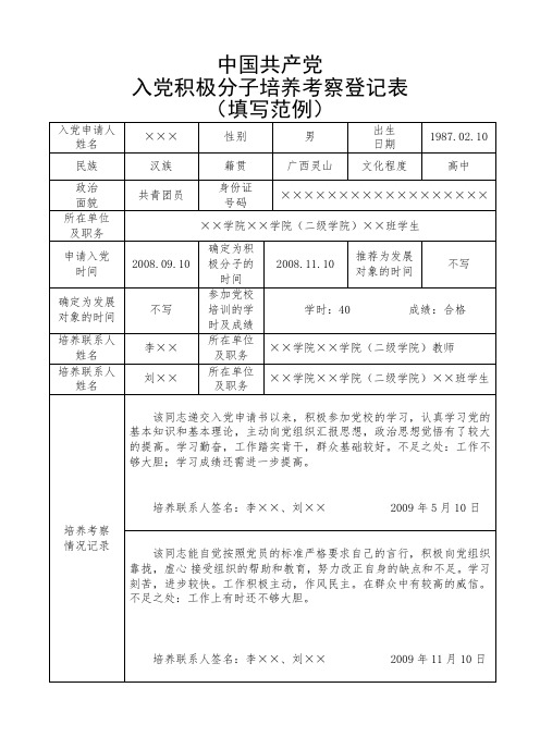 入党积极分子培养考察登记表(填写范例)