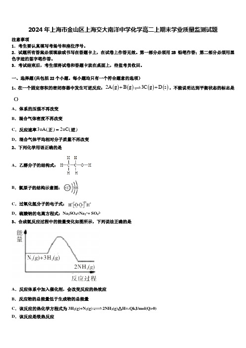 2024年上海市金山区上海交大南洋中学化学高二上期末学业质量监测试题含解析