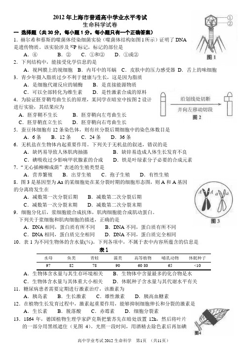 2012年上海市普通高中学业水平考试试卷和答案