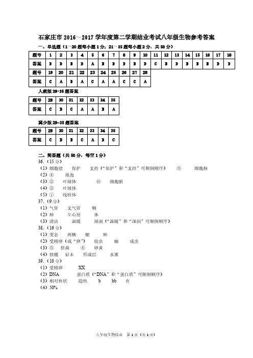 2017年石家庄市生物八年级结业生物试题参考答案