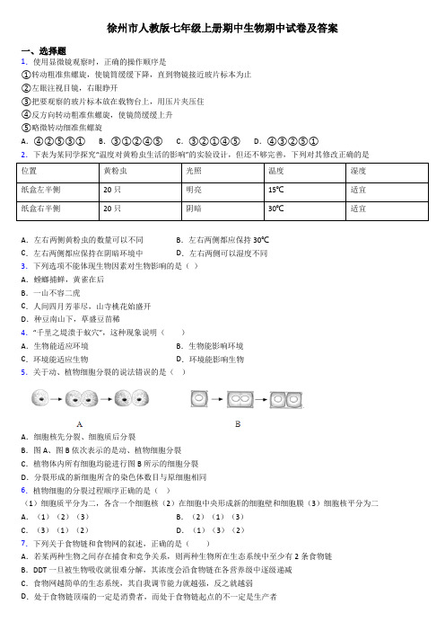 徐州市人教版七年级上册期中生物期中试卷及答案