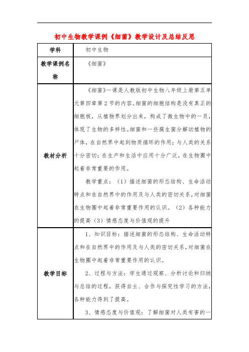 初中生物教学课例《细菌》课程思政核心素养教学设计及总结反思