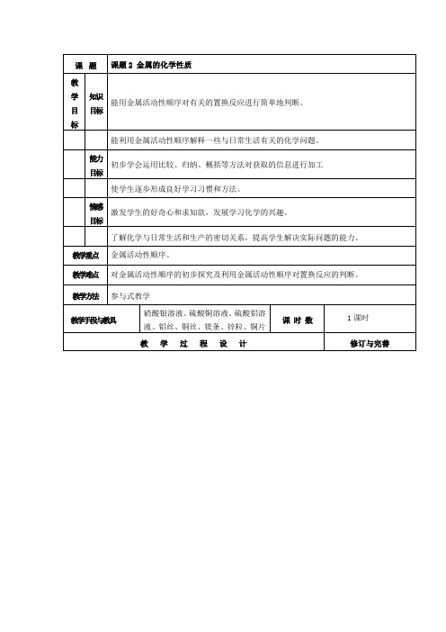 8.2金属的化学性质教案 (人教版九年级下)