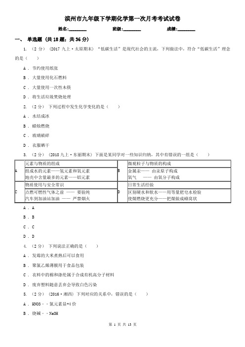 滨州市九年级下学期化学第一次月考考试试卷